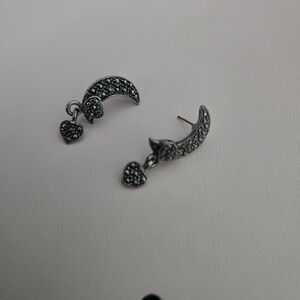Antique Black Dark Silver Crescent Moon & Heart Drop Dangle Earrings